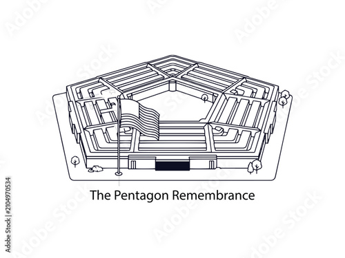 Architectural line drawing of the pentagon building with flag, pentagon