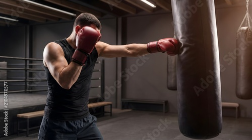 Man in red boxing gloves punching a heavy bag in a gym