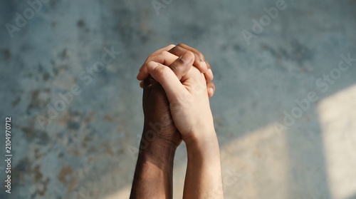 Close up of two people with different skin tones holding hands together in unity.