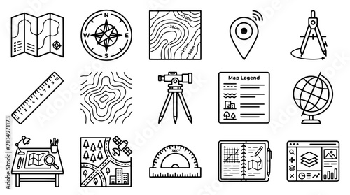 Принти на полотні Cartography and land surveying line icon set, 15 professional geography and map
