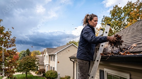 A woman standing on a ladder, diligently cleaning dead leaves and debris from the roof gutter of a house on an autumn day.