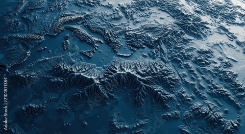 Aerial view of icy mountain peaks and glaciers.