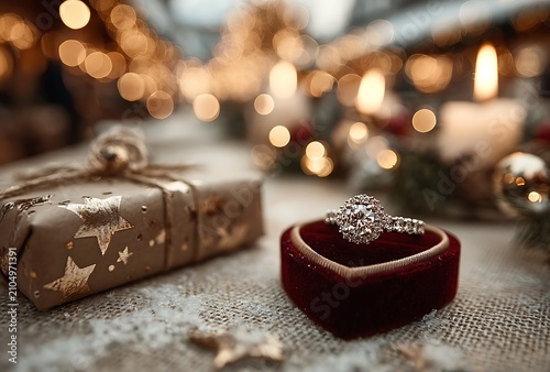 Christmas proposal scene with diamond ring in red box and gift box engagement