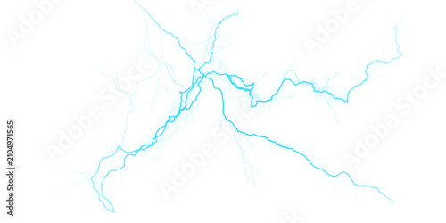 Blue lightning bolt on white background. Electric discharge flash isolated on bright backdrop.