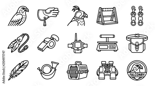 Fotografija Falconry equipment and hunting bird icons, 15 black line vector elements for fal
