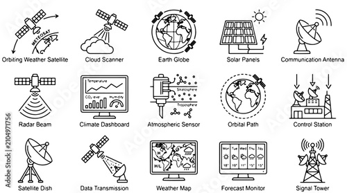Canvastavla Weather satellite and meteorology icon set, 15 linear vector elements for climat
