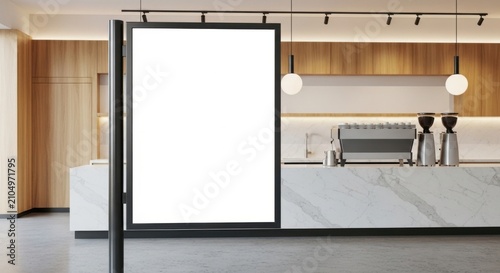 Modern cafe interior with blank digital display frame.