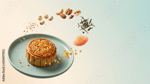 Mid Autumn Festival mooncake with ingredients floating around a dusty blue plate