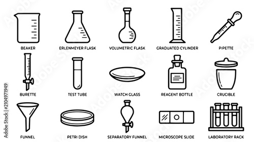 Obraz na płótnie Laboratory glassware icon set with 15 science equipment line vectors, chemical r