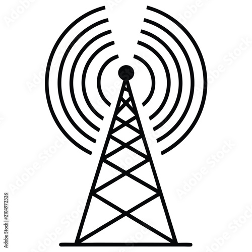 Set of black signal tower icons and radio antenna symbols for wireless communication network and telecommunication technology connectivity