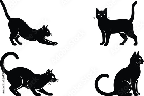Canvas-taulu Black cat silhouettes set in various poses stretching standing sitting and stalk