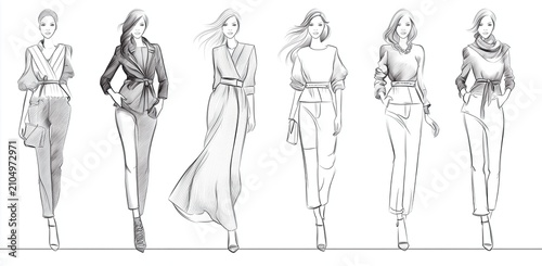 Fashion design sketches illustrating a collection of contemporary women's clothing styles, showcasing various outfits from casual chic to elegant attire on model figures