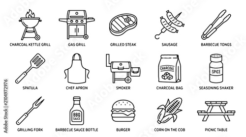 Cuadro en lienzo Barbecue and grilling line icons set, 15 vector elements for summer cookout and