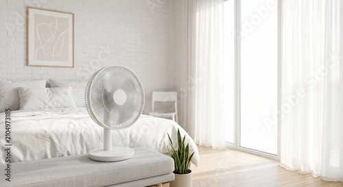 Canvastavla White electric fan placed on bench in bright modern bedroom interior with sittin