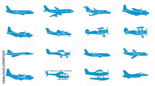Obraz na płótnie Blue Vector Airplane and Helicopter Silhouettes Set for Aviation Transport Desig