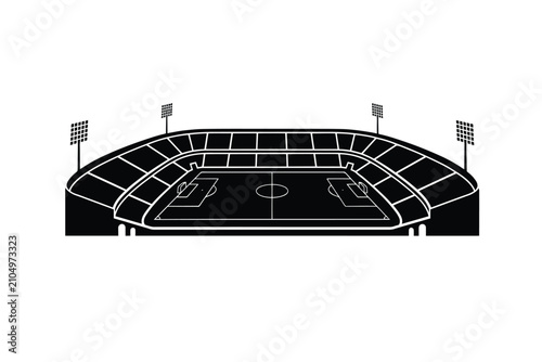 Stadium Silhouette With Floodlights And Field Markings Black On White