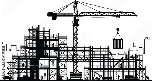 Busy urban construction site silhouette featuring tall tower crane lifting heavy cargo cargo amidst complex building scaffolding vectors