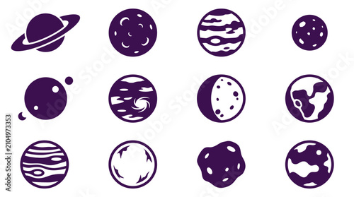 Obraz na płótnie Set of twelve diverse cosmic space icons featuring various spherical celestial b