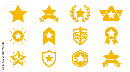 Set of twelve golden star award badges with ribbons and geometric frames for rating achievement or professional performance quality icons