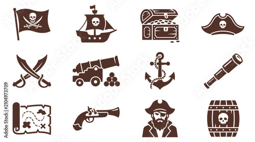 Photos Pirate Adventure Vector Icon Set Featuring Treasure Chests, Sailing Ships, Jolly
