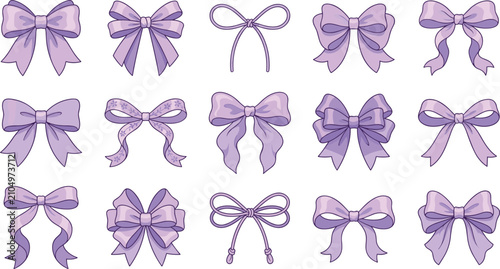 Fotografie Cute purple ribbon bow vector illustration set isolated on white background for coquette aesthetic feminine decoration gift wrapping and cards