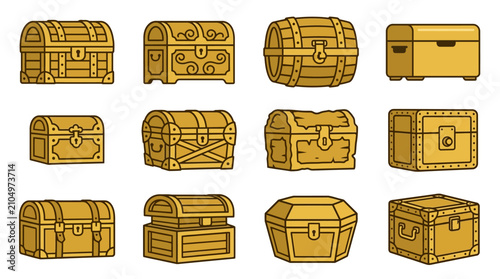 Foto Vector collection of golden treasure chests and a wooden barrel for game assets,