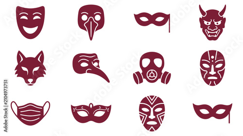 Set of diverse mask vector icons featuring theatrical, carnival, protective, tribal, and animal designs for creative graphics