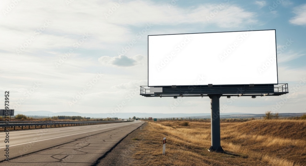 Obraz premium Blank billboard along empty highway in rural landscape.