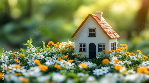 Tiny white house nestled in a field of flowers