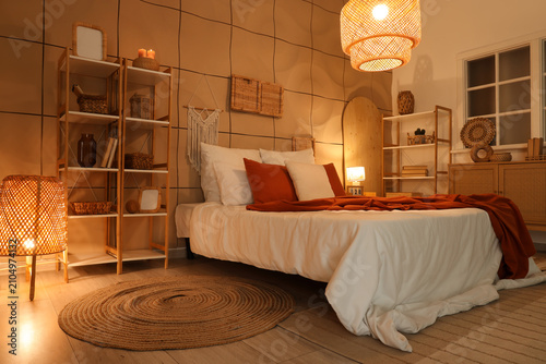 Interior of dark bedroom wi...