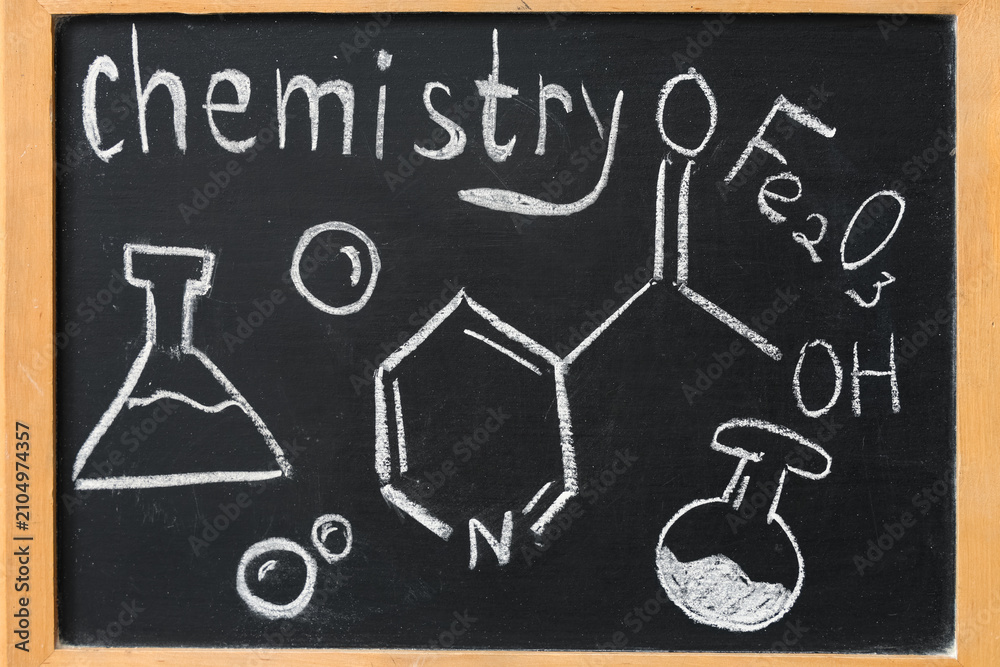 Obraz premium Drawn molecular structure, formulas, testing tubes and word CHEMISTRY on black chalkboard