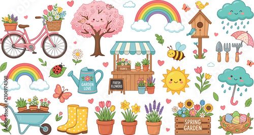 Cuadro en lienzo Cute spring garden mega vector clipart set with cartoon flowers bicycle stall greenhouse rainbow rain cloud and sun elements isolated on white