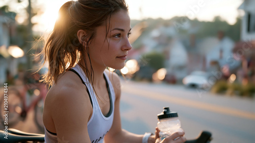 Young female cyclist straddling bike with heat exhaustion sweat and gripping water bottle near town skyline road