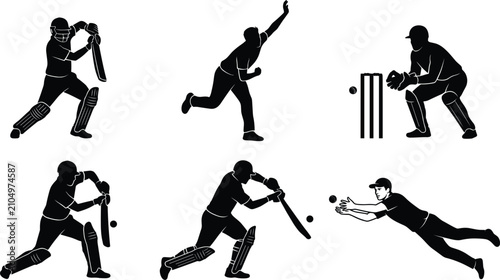 Fényképezés Cricket players silhouette set showing batsman hitting ball bowler throwing wick