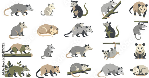 Collection of minimalist flat vector illustrations of opossums, including young and adults in various activities.