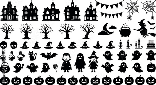 Foto Halloween silhouette vector element mega set featuring haunted houses spooky trees ghosts witches pumpkins bats spiders and decorative icons isolated on white background