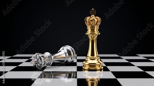 Gold king defeats silver king on a chessboard representing business victory and strategic success