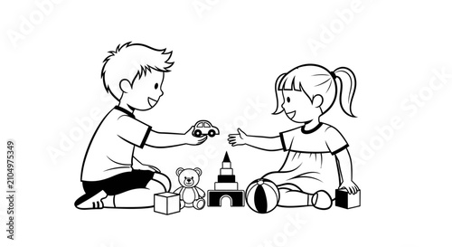 Black and white outline vector illustration of a boy and a girl playing together with toys, blocks, and a car, representing childhood and education.