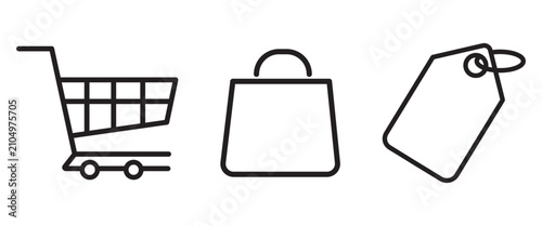 Shopping cart, tote bag, and price tag icon set for retail e-commerce, shopping, and purchase concepts in bold outline style.