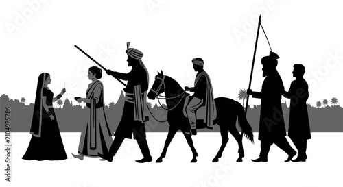 Obraz na płótnie Black and white vector silhouette illustration of an Indian royal procession with people in traditional attire and a horse, representing culture and history
