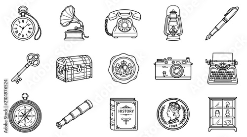 Vintage antique objects collection, 15 retro history icons set, black and white line art vector of classic museum artifacts and old fashioned items
