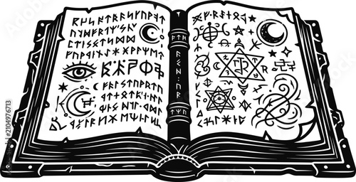 Fotografi Open magic grimoire book with occult runes and mystical symbols.