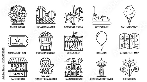 Obraz na płótnie Amusement park icon set with 15 line vector elements, carnival attractions and f