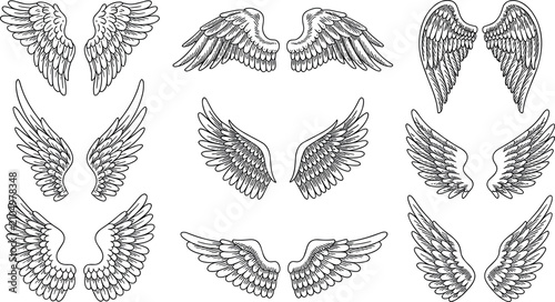 Cuadro en lienzo Set of hand drawn sketch angel wings vector illustrations in black outline style isolated on white background for design  elements