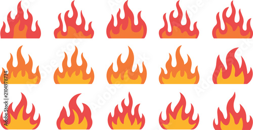 Obraz na plátně Set of flat cartoon fire flame icons and blazing campfire vector illustrations isolated on a white background for creative design elements