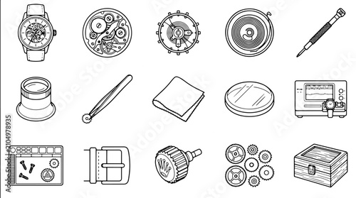 Foto Watchmaker tools and clock repair icons, set of 15 watchmaking equipment line ve