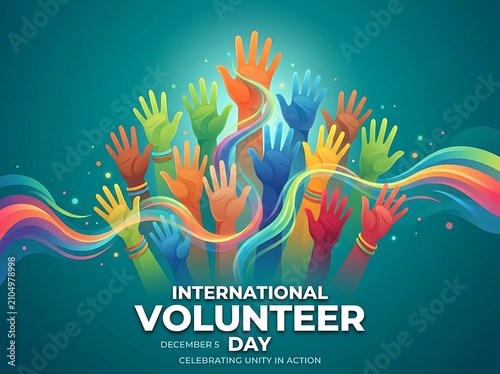 Colorful raised hands illustration celebrating international volunteer day with unity and community spirit in vibrant design