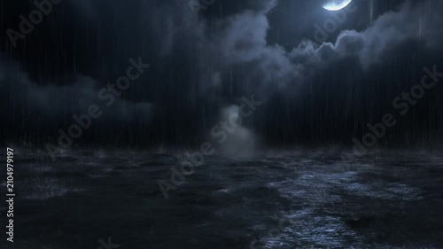 Dark Stormy Night Rain Splashing on Water with Crescent Moon Background