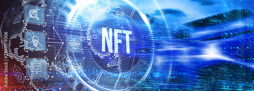 NFT Non-fungible token digital crypto on virtual screen. 3d illustration