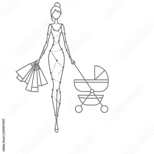 Woman with shopping bags and baby stroller